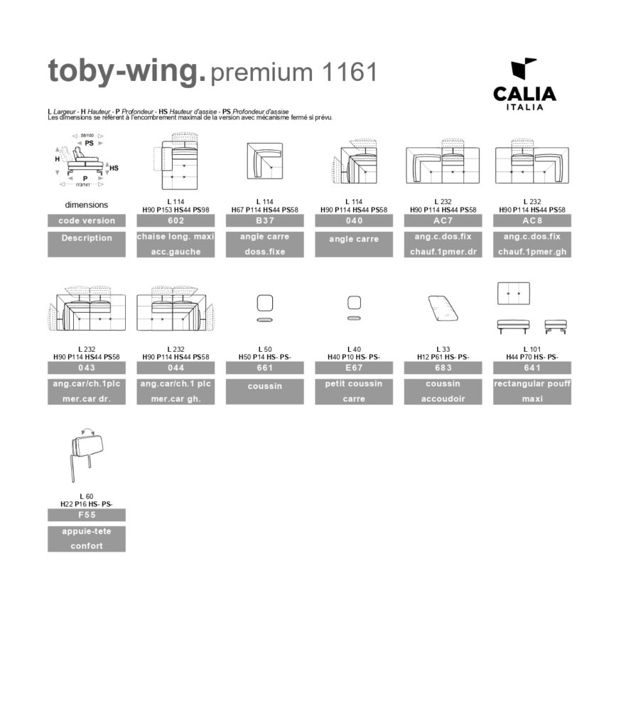 Fiche technique Toby wing calia